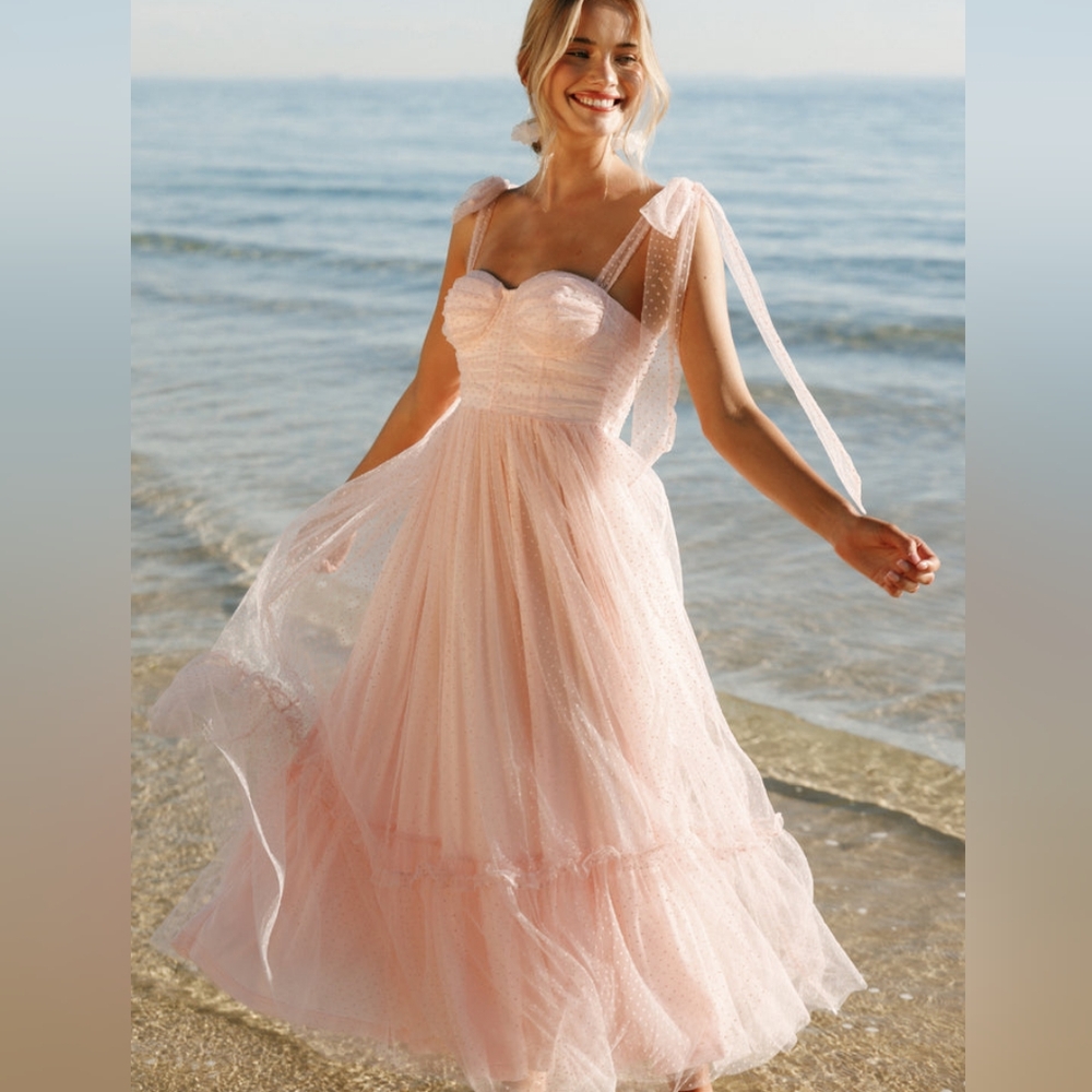 VICI Frances Tulle Polka Dot Midi Dress - BLUSH PINK